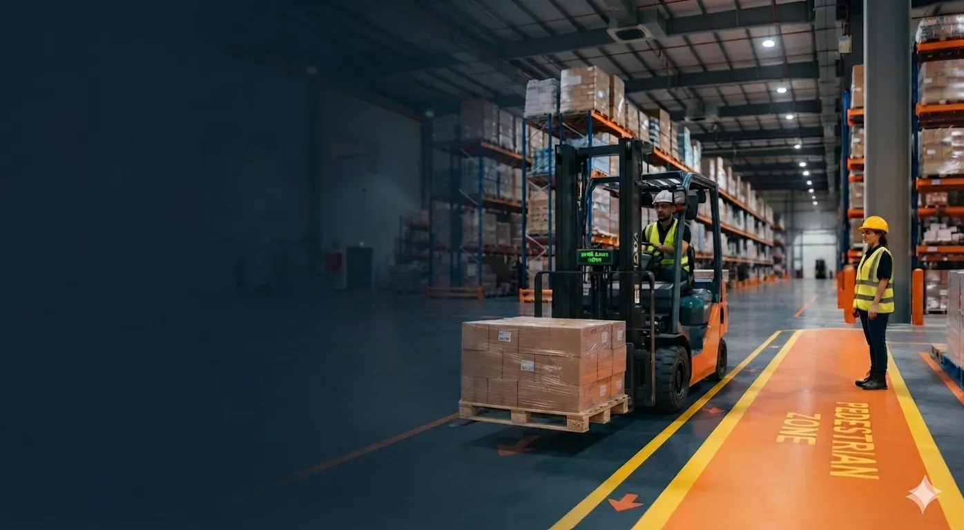 Forklift with a speed-limiter display moving past a worker in a marked pedestrian zone in a UAE warehouse